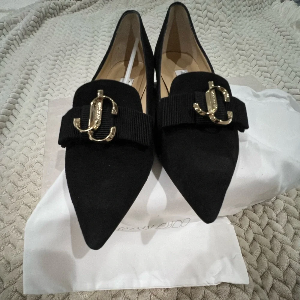Jimmy Choo Black Flats with Gold Emblem - Picture 3 of 7
